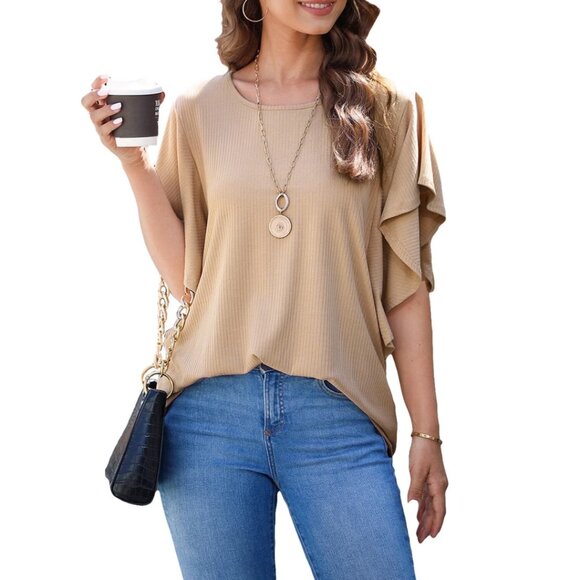 ✨ New Ribbed Flutter Sleeve Top – Beige, Size Medium ✨ - Picture 3 of 4